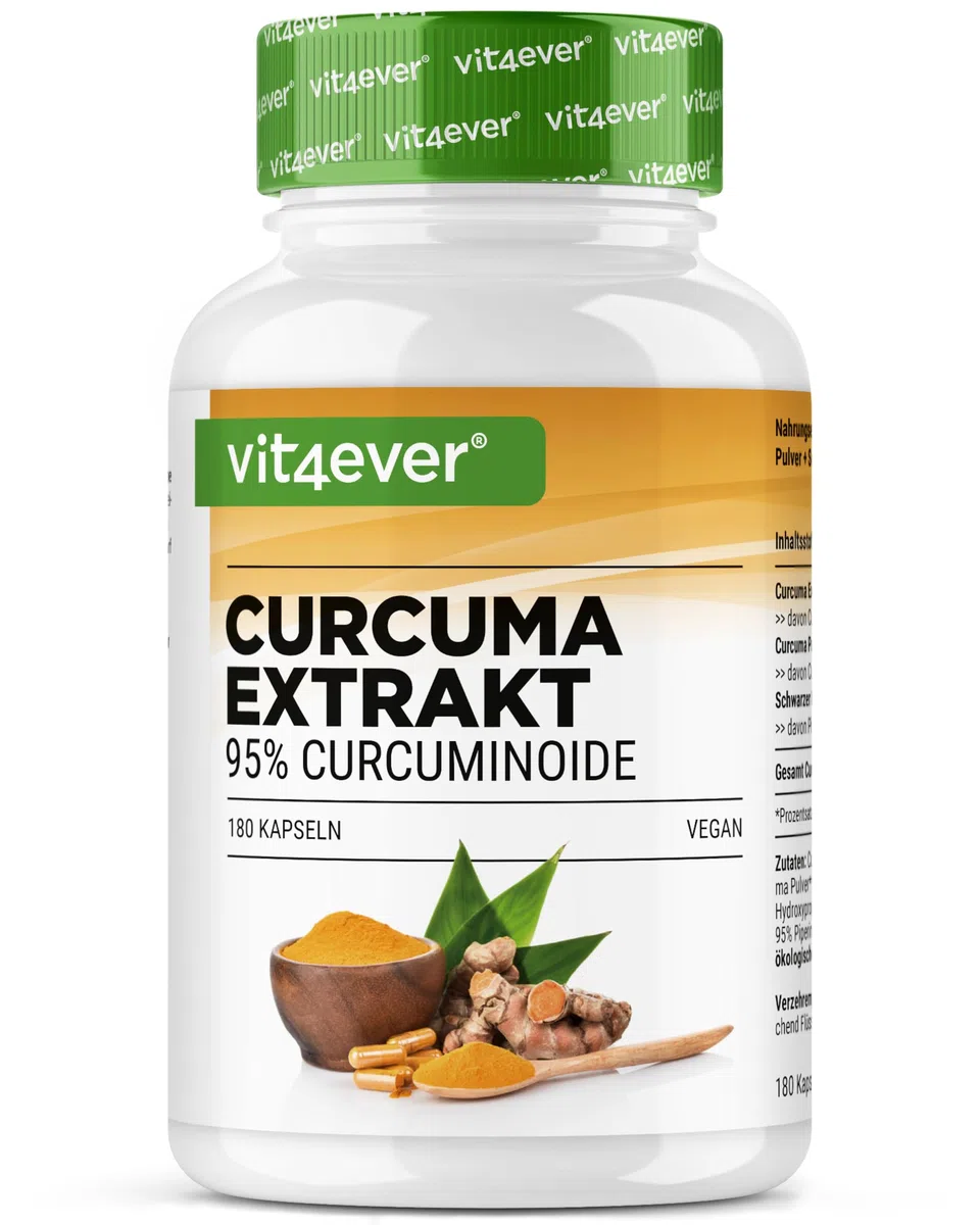 vit4ever Extracto de Cúrcuma de alta dosis - 180 Cápsulas - 500 mg de Curcumina por porción diaria - 95% de Curcumina – Premium Extracto de Kúrkuma high dose - Vegano, sin aditivos innecesarios