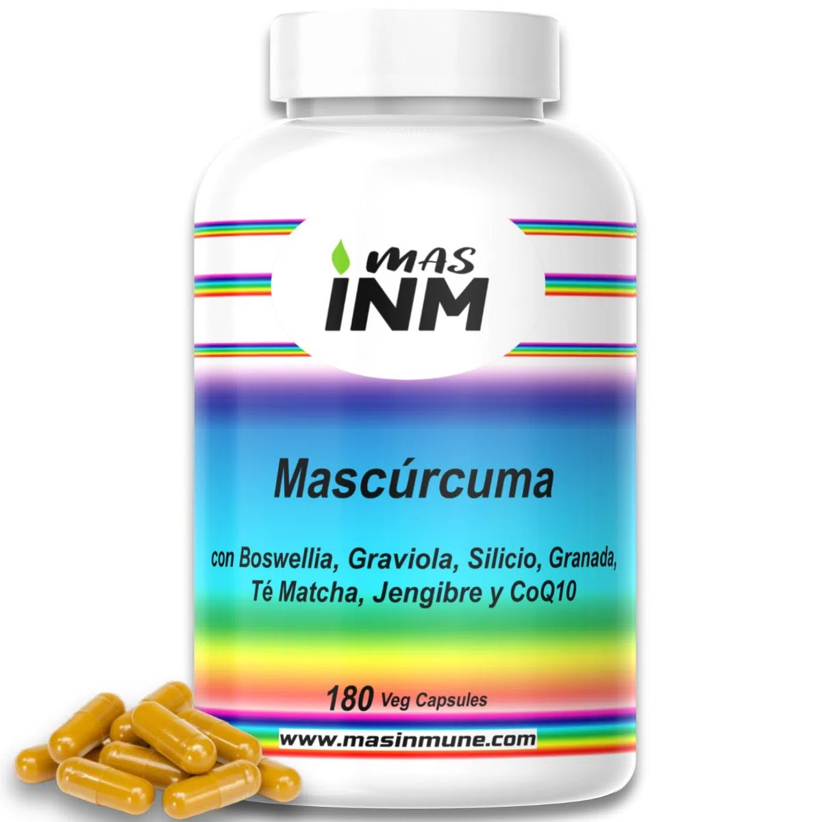 Mascúrcuma – suplemento antiinflamatorio natural con curcumina 95 % – boswellia serrata – jengibre – graviola – granada – té matcha – coenzima Q10 – silicio orgánico – 180 cápsulas vegano – Masinmune