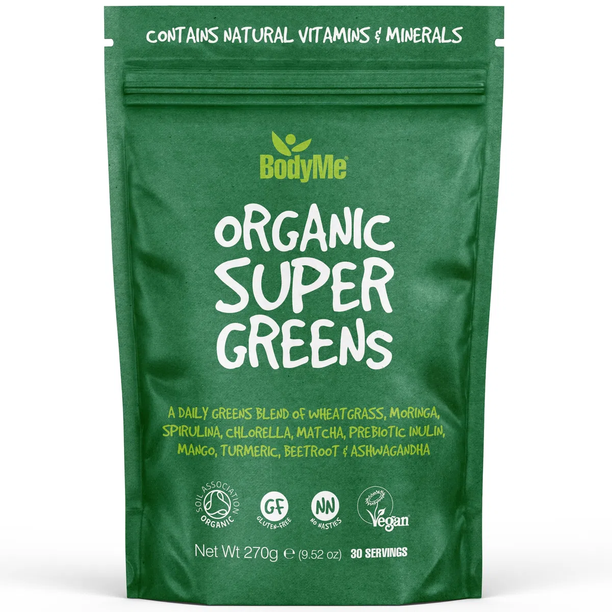BodyMe Orgánico Vegano Verde Polvo | 270g | Super Greens Mezcla | Con Agropiros Moringa Espirulina Clorela Matcha Inulina Prebiótica Mango Cúrcuma Remolacha Ashwagandha