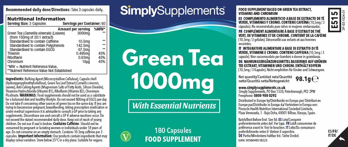 Extracto de té verde 1000 mg | Con tiamina, riboflavina y cromo | Apoya la energía, el metabolismo y la defensa antioxidante | Apto para veganos | 360 cápsulas | Fabricación del Reino Unido