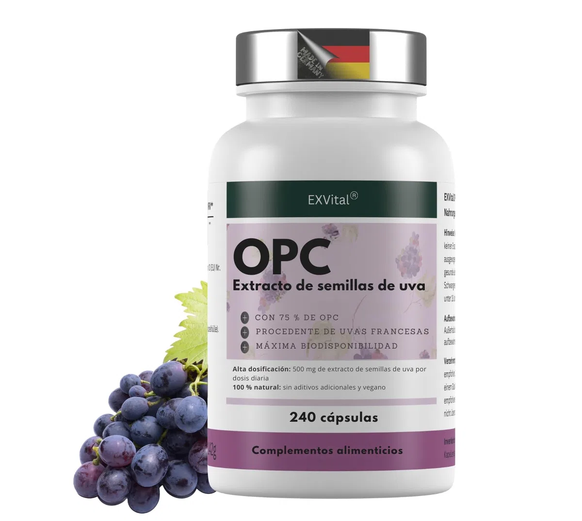 EXVital® OPC Extracto de semilla de uva - 240 cápsulas - alta dosis de 500 mg por cápsula - procedente de uvas francesas - probado en laboratorio y vegano