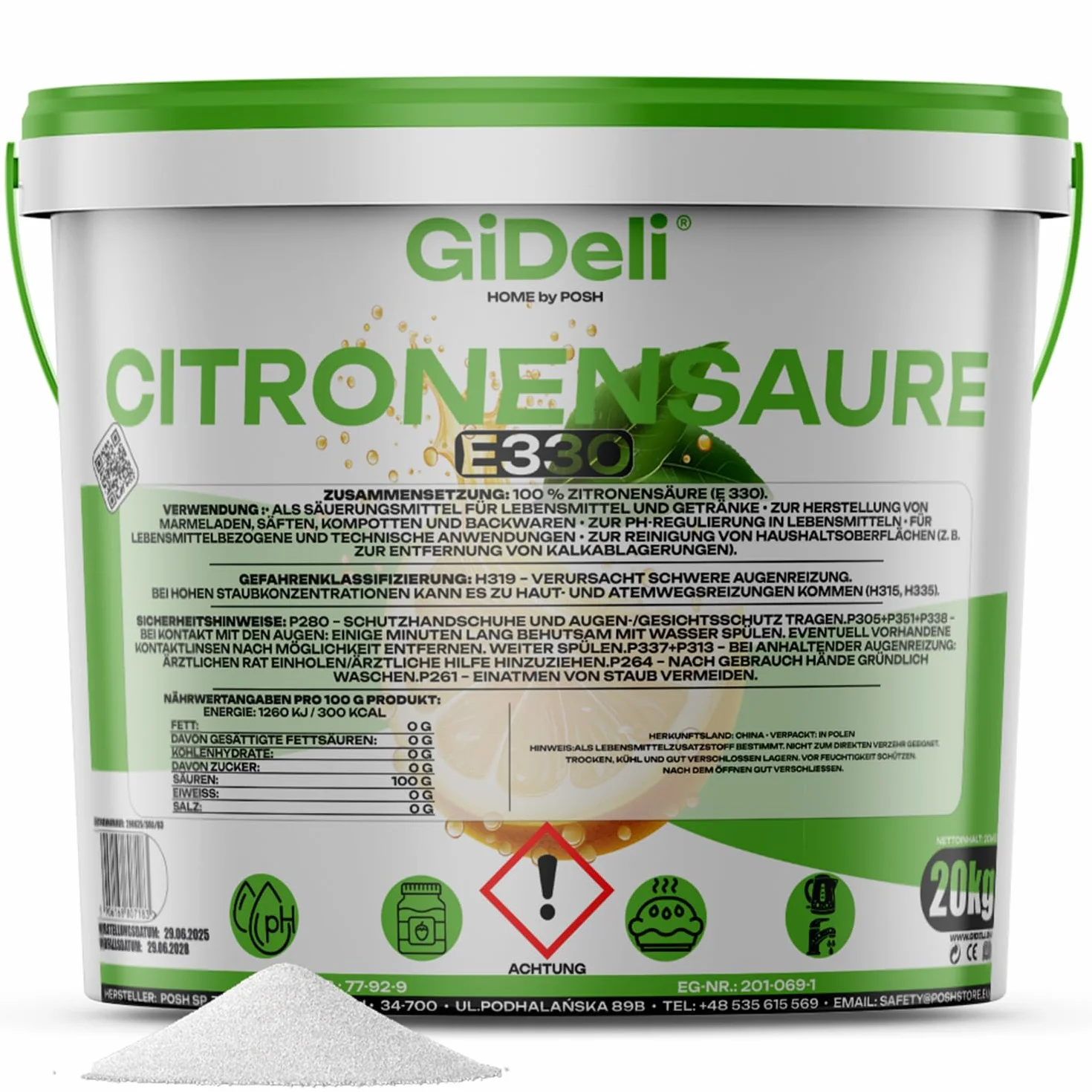 GiDeli Ácido cítrico monohidrato en polvo 20 kg E330 calidad alimentaria puro cristales descalcificador