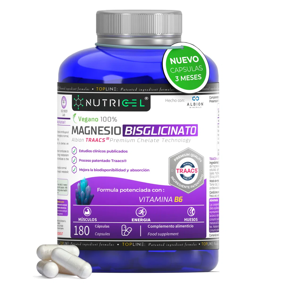 Glicinato de magnesio + Vitamina B6-375 mg de magnesium elemental/dosis diaria - suministro para 2 meses con 180 cápsulas - magnesio quelado - mejora sueño y fatiga - 100% vegano, alta dosificación