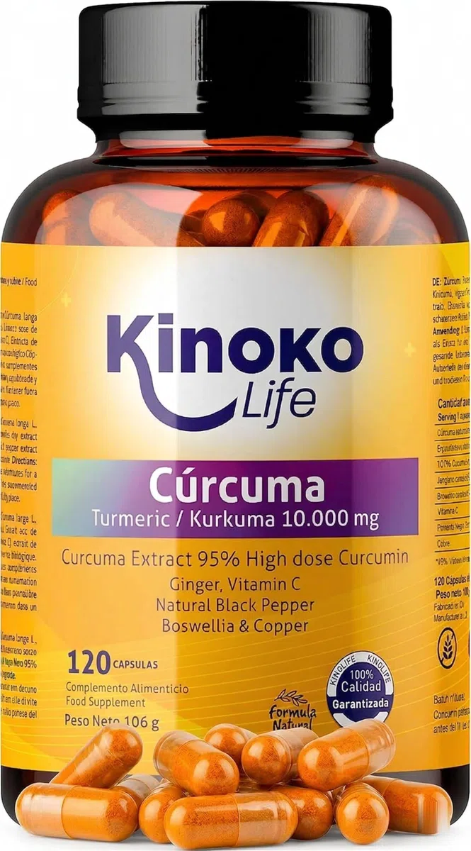 Cúrcuma con Jengibre y Pimienta Negra Extracto de Cúrcuma 20:1 con Boswellia Vitamina C y Cobre 120 Cápsulas Vegetales Kinoko Life