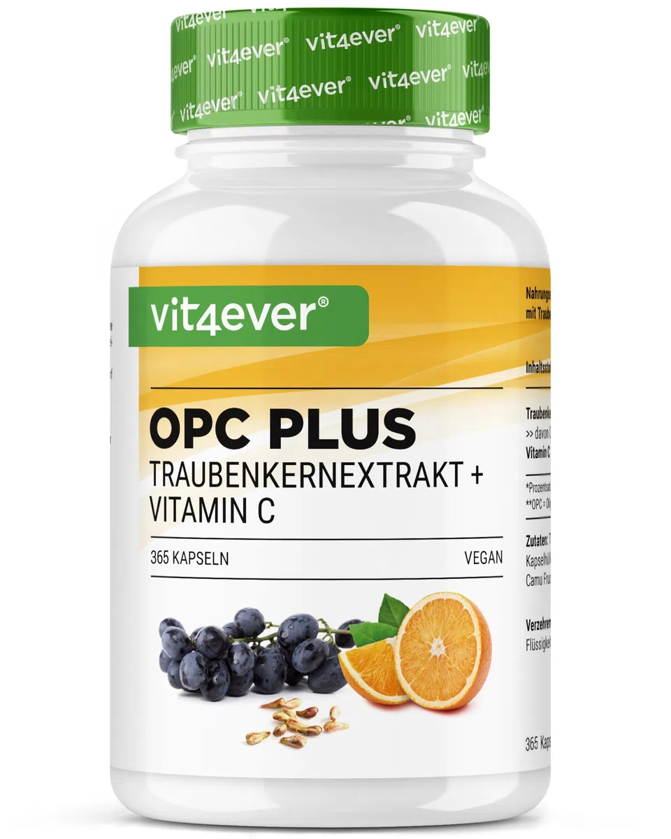 OPC extracto de semilla de uva + vitamina C natural - 365 cápsulas para 12 meses - Máximo contenido de opc según HPLC - Vegano